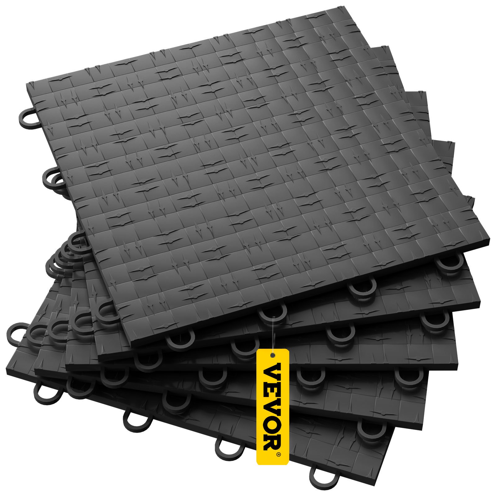 Azulejos de garaje VEVOR apilados en una pila, mostrando un diseño entrelazado en negro.