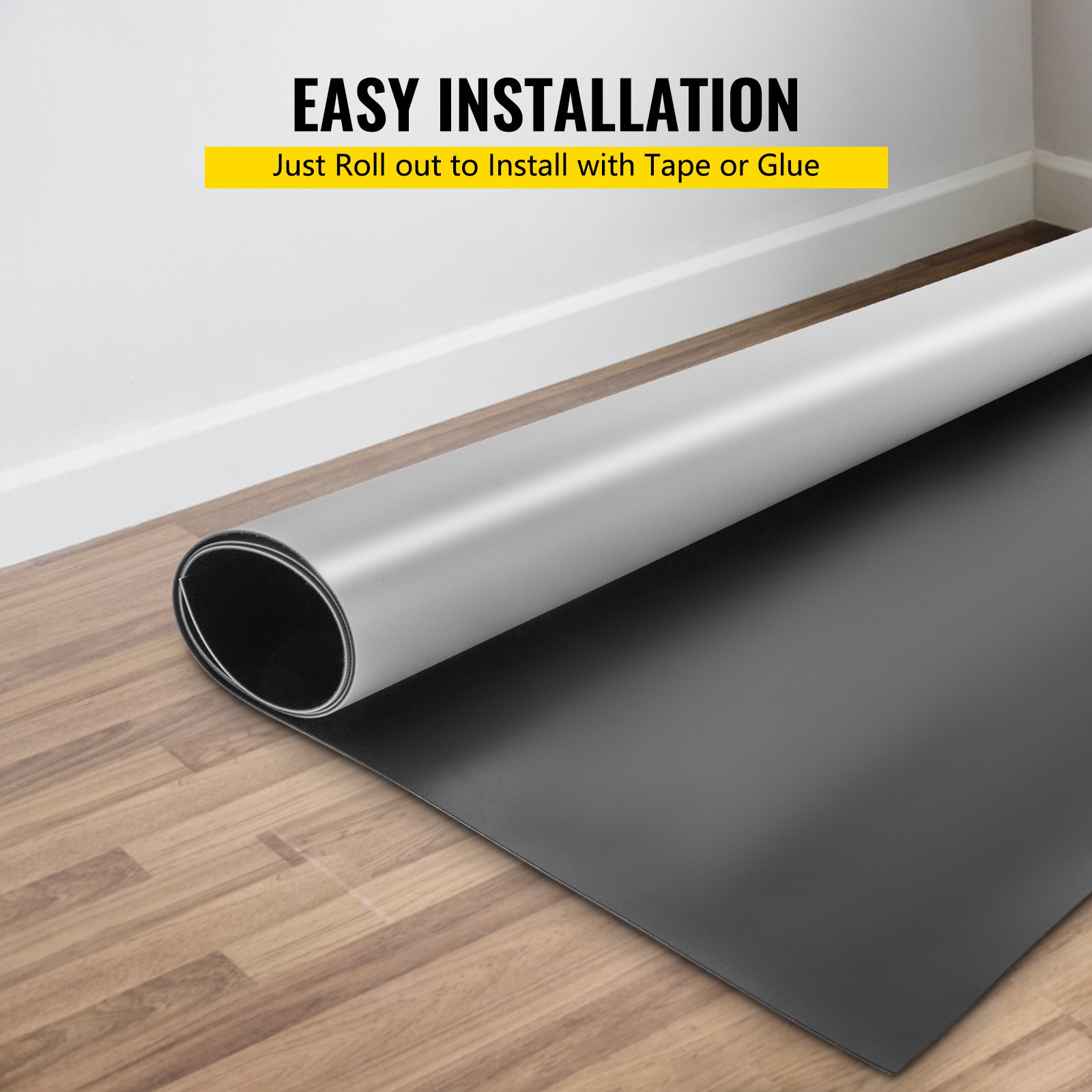Pista de baile VEVOR de fácil instalación enrollable sobre suelo de madera con laterales negros y grises.