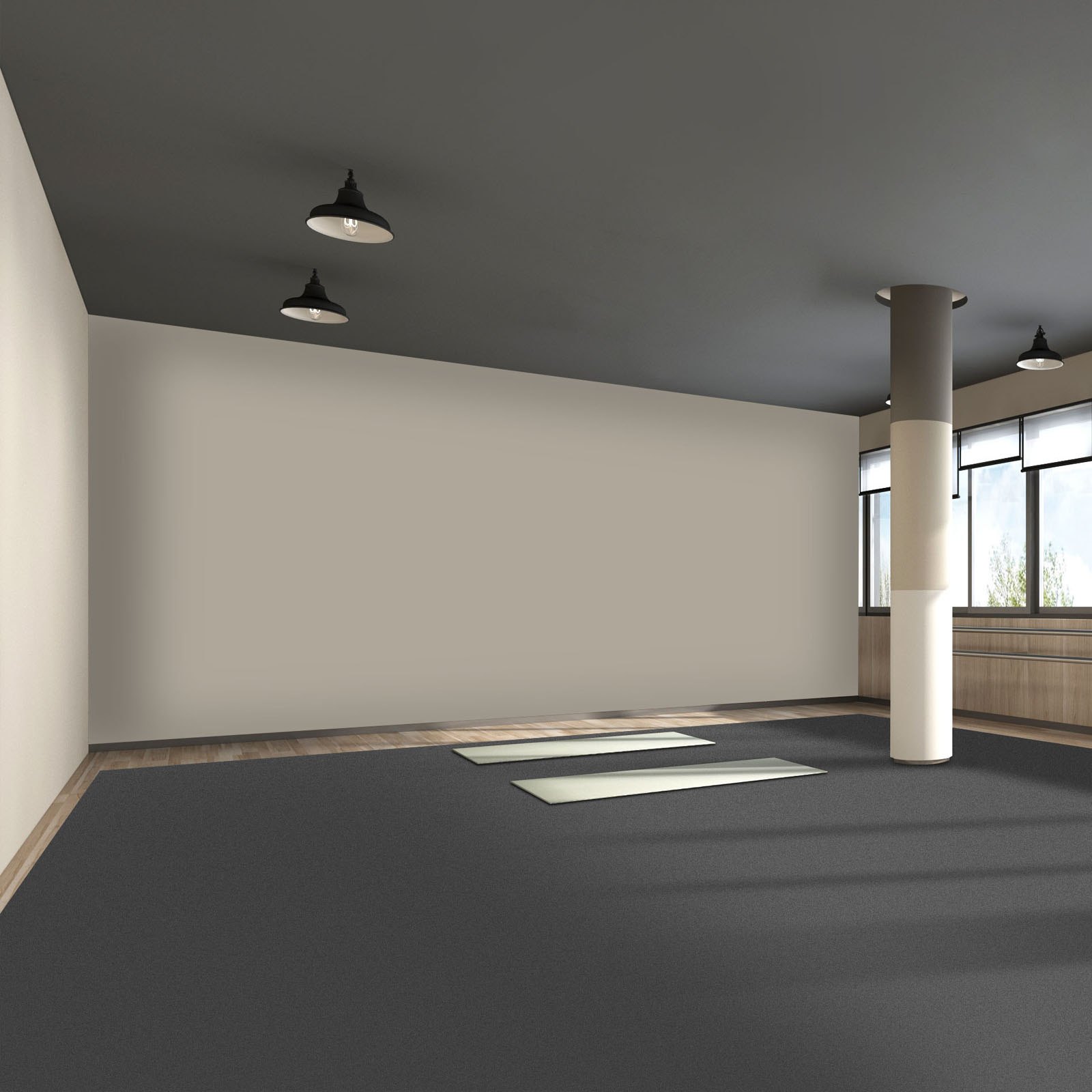 Amplia sala con pista de baile VEVOR, grandes ventanales, techo gris e iluminación moderna.