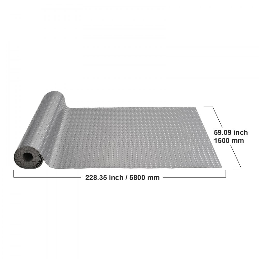 Alfombrilla de garaje VEVOR, 228,35 pulgadas por 59,09 pulgadas, superficie texturizada gris.