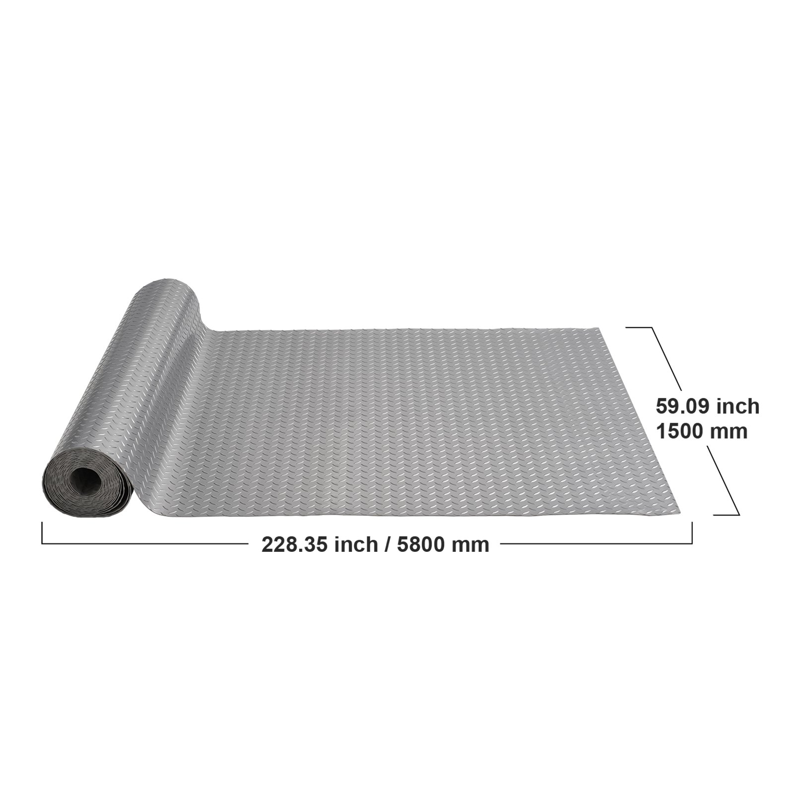 Alfombrilla de garaje VEVOR, 228,35 pulgadas por 59,09 pulgadas, superficie texturizada gris.