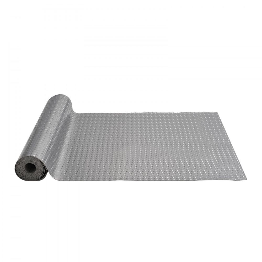 Alfombrilla de garaje VEVOR desenrollada, con una superficie texturizada en color gris claro.
