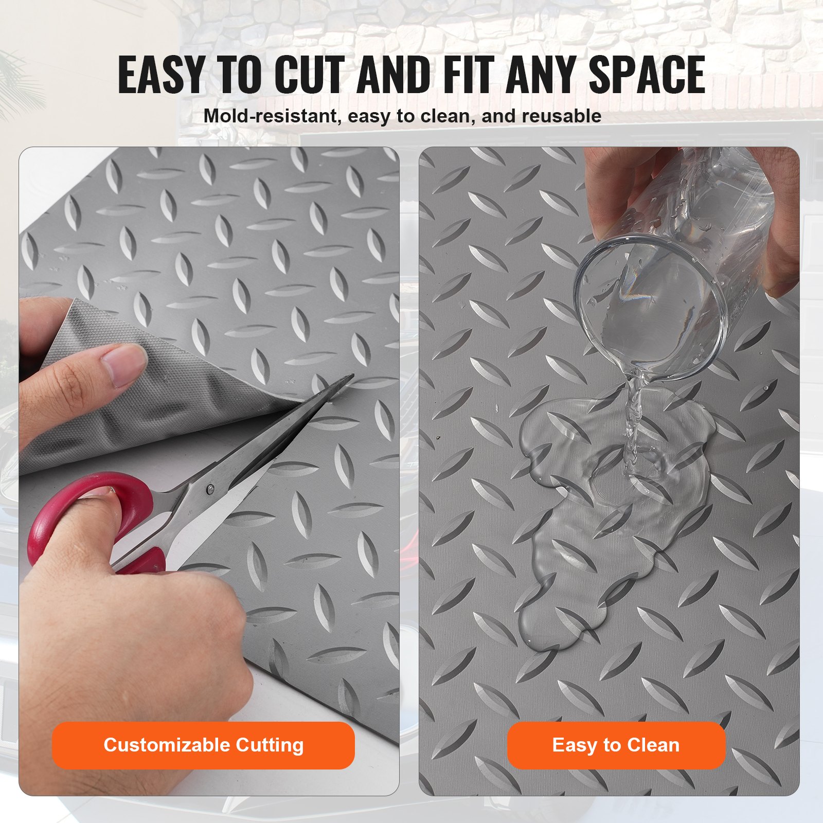 Alfombrilla de garaje VEVOR cortada con tijeras y vertida con agua para facilitar su limpieza.