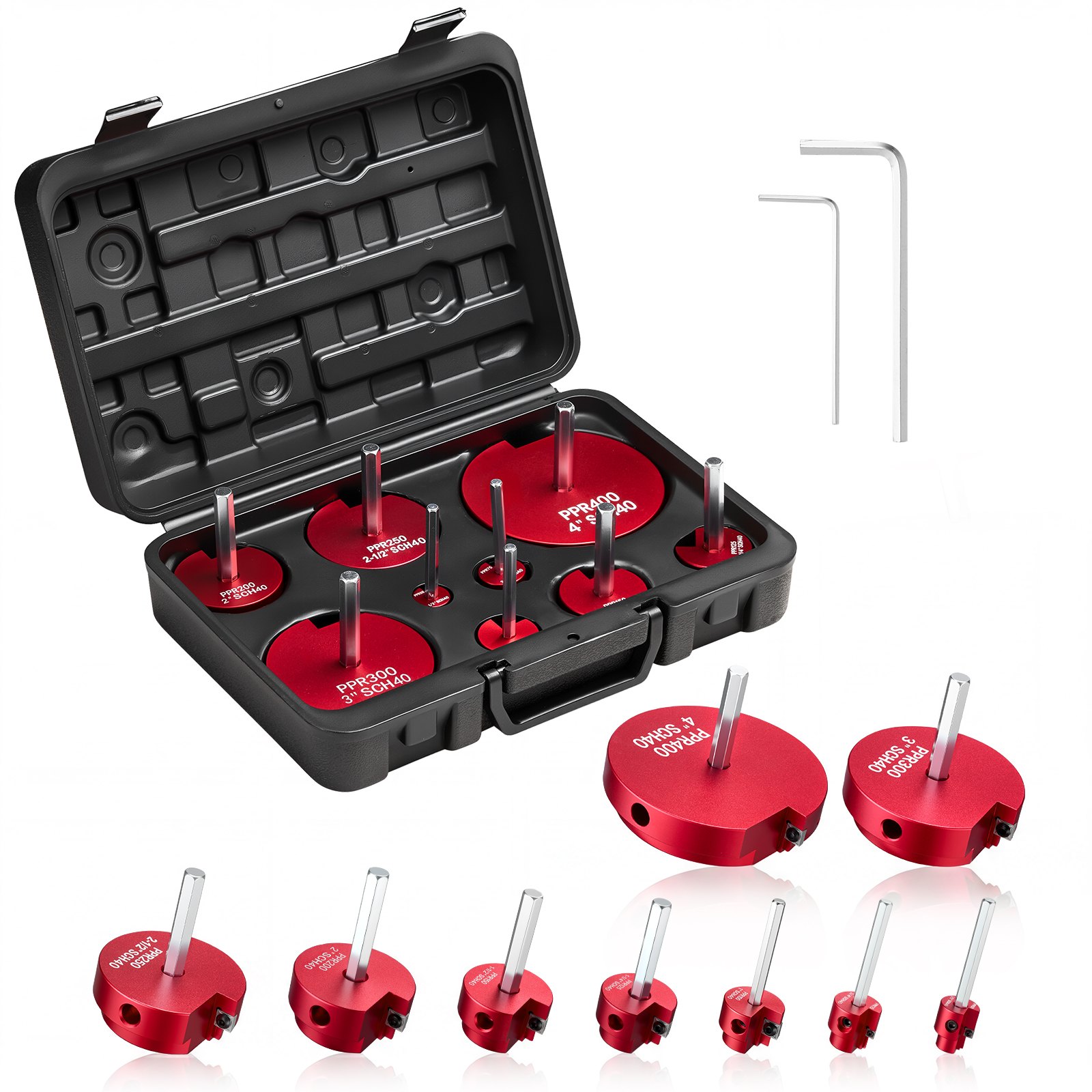 Kit de escariadores para tuberías de PVC VEVOR, 9 piezas, protector de enchufes para accesorios de PVC, incluye 1/2", 3/4", 1", 1-1/4", 1-1/2", 2", 2-1/2", 3", 4", compatible con taladros estándar de 1/2", kit de herramientas de plomería para tuberías de drenaje de ABS CPVC SCH40