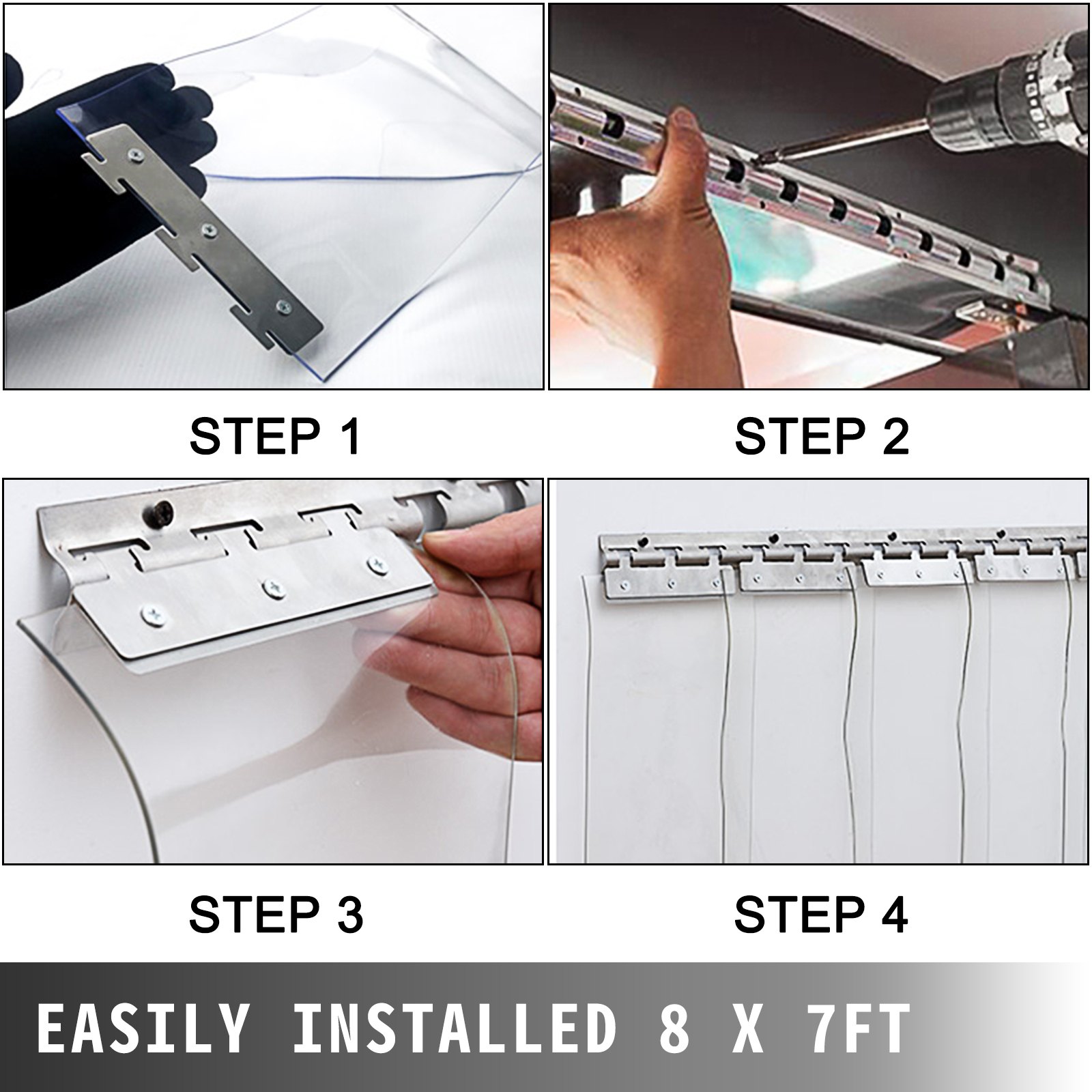 VEVOR - 24 cortinas de plástico para puerta de 8 x 7 pies (ancho x alto), 2 mm de grosor, tiras de vinilo para puerta, tiras de cortina para puerta con superposición de 5 cm, para puertas de congelador, puertas de almacén