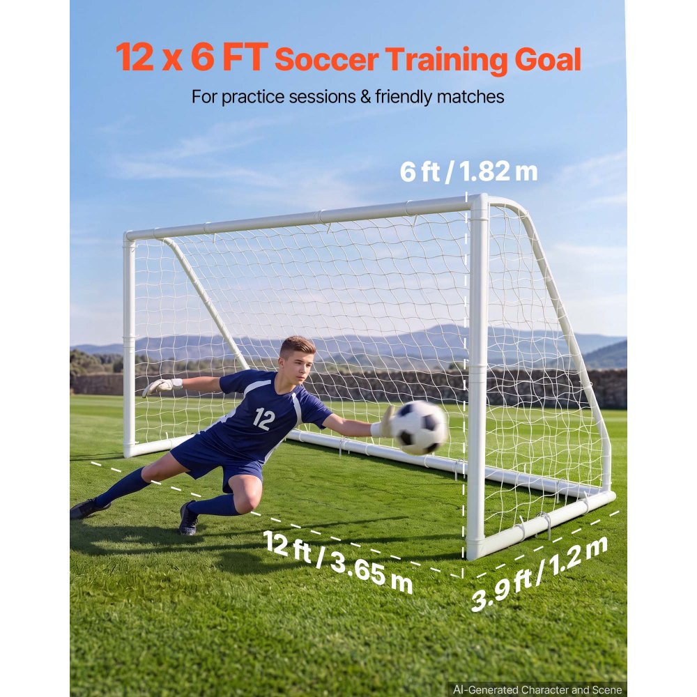 VEVOR Portería de Fútbol 3,65 x 1,82 m, Tubos de PVC, con Red de PE, Resistente a la Intemperie, Portátil, con Objetivo y Conos, para Entrenamiento en Jardín, Exterior, para Niños y Adultos, Blanco