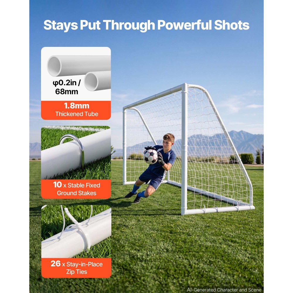 VEVOR Portería de Fútbol 3,65 x 1,82 m, Tubos de PVC, con Red de PE, Resistente a la Intemperie, Portátil, con Objetivo y Conos, para Entrenamiento en Jardín, Exterior, para Niños y Adultos, Blanco