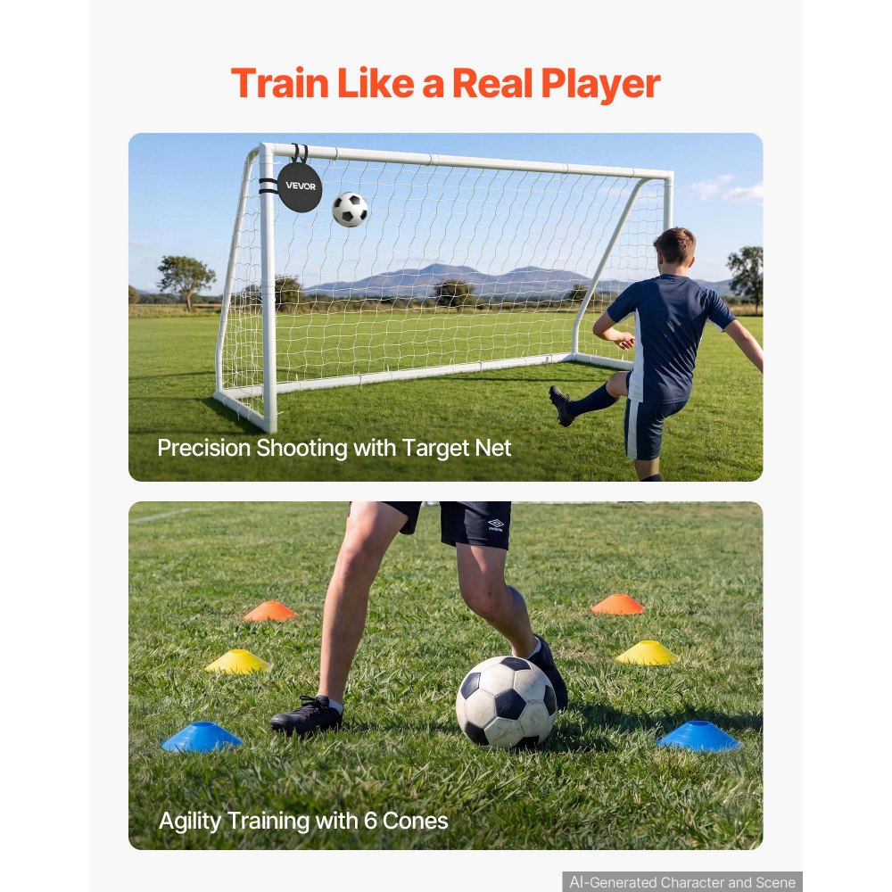 VEVOR Portería de Fútbol 3,65 x 1,82 m, Tubos de PVC, con Red de PE, Resistente a la Intemperie, Portátil, con Objetivo y Conos, para Entrenamiento en Jardín, Exterior, para Niños y Adultos, Blanco