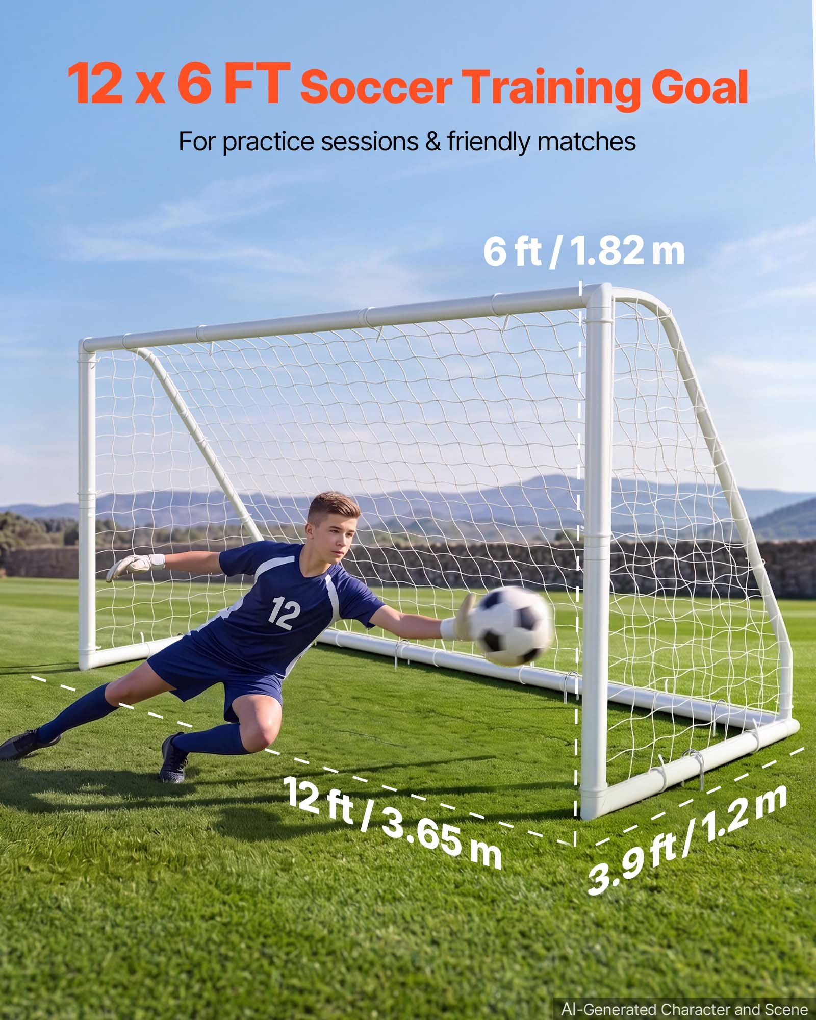 VEVOR Portería de Fútbol 3,65 x 1,82 m, Tubos de PVC, con Red de PE, Resistente a la Intemperie, Portátil, con Objetivo y Conos, para Entrenamiento en Jardín, Exterior, para Niños y Adultos, Blanco