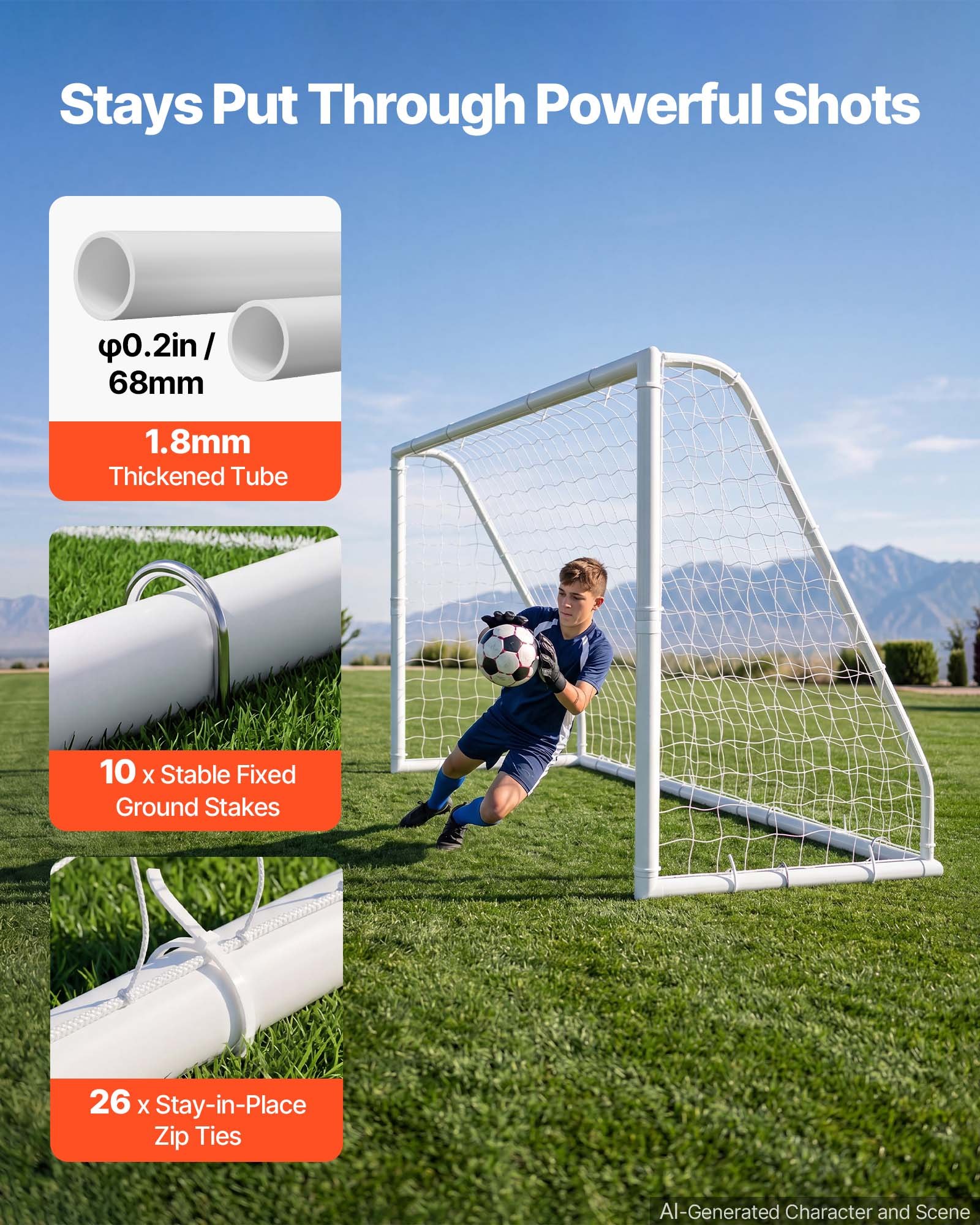 VEVOR Portería de Fútbol 3,65 x 1,82 m, Tubos de PVC, con Red de PE, Resistente a la Intemperie, Portátil, con Objetivo y Conos, para Entrenamiento en Jardín, Exterior, para Niños y Adultos, Blanco