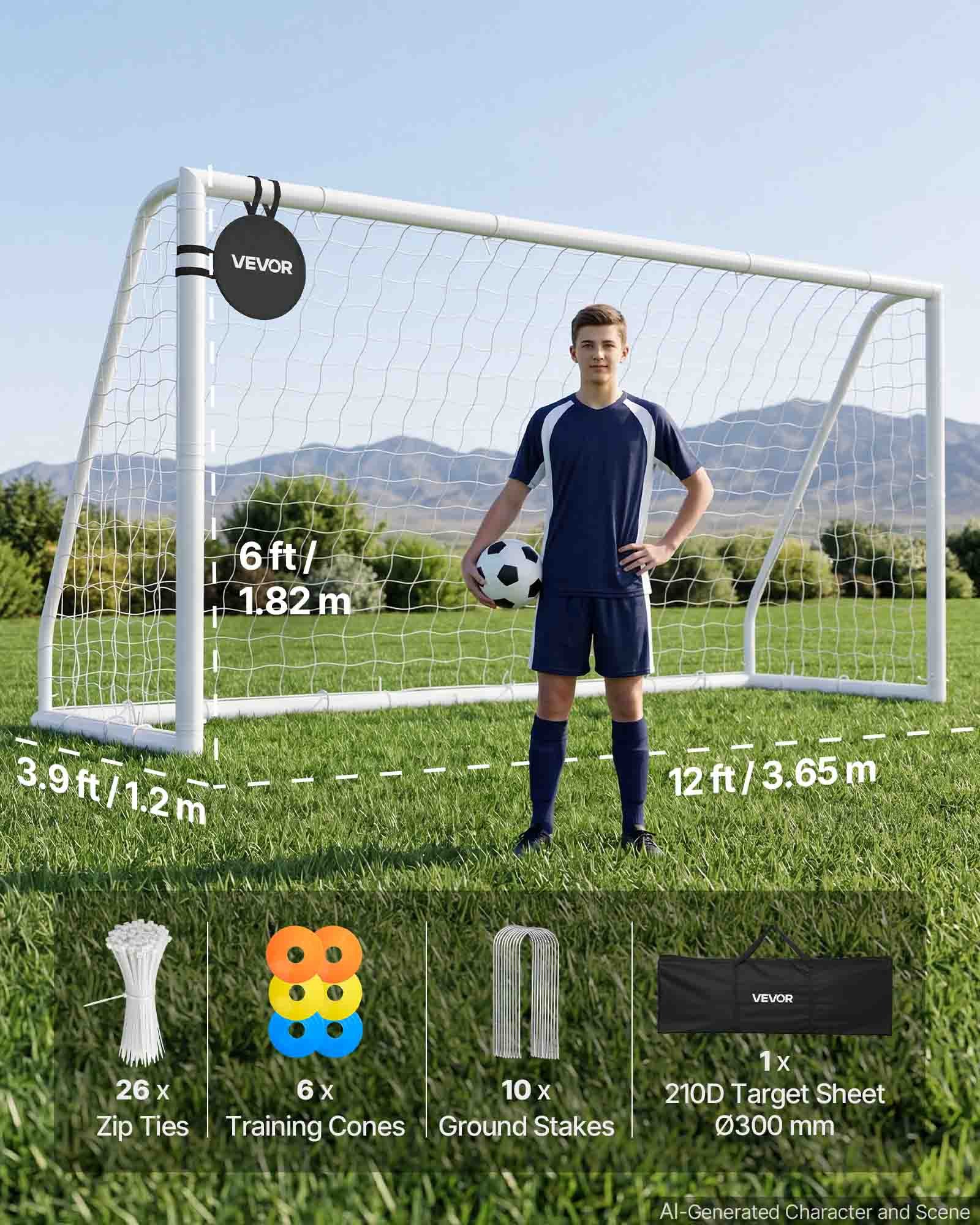 VEVOR Portería de Fútbol 3,65 x 1,82 m, Tubos de PVC, con Red de PE, Resistente a la Intemperie, Portátil, con Objetivo y Conos, para Entrenamiento en Jardín, Exterior, para Niños y Adultos, Blanco