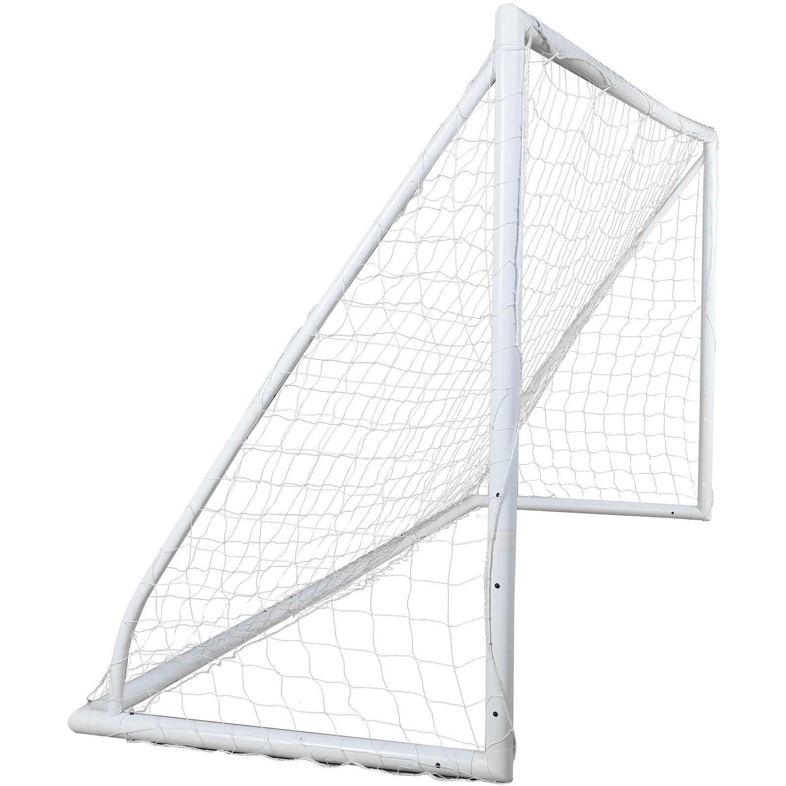 Portería de fútbol portátil VEVOR con marco y red blancos resistentes, ideal para jugar en el patio o en el campo.