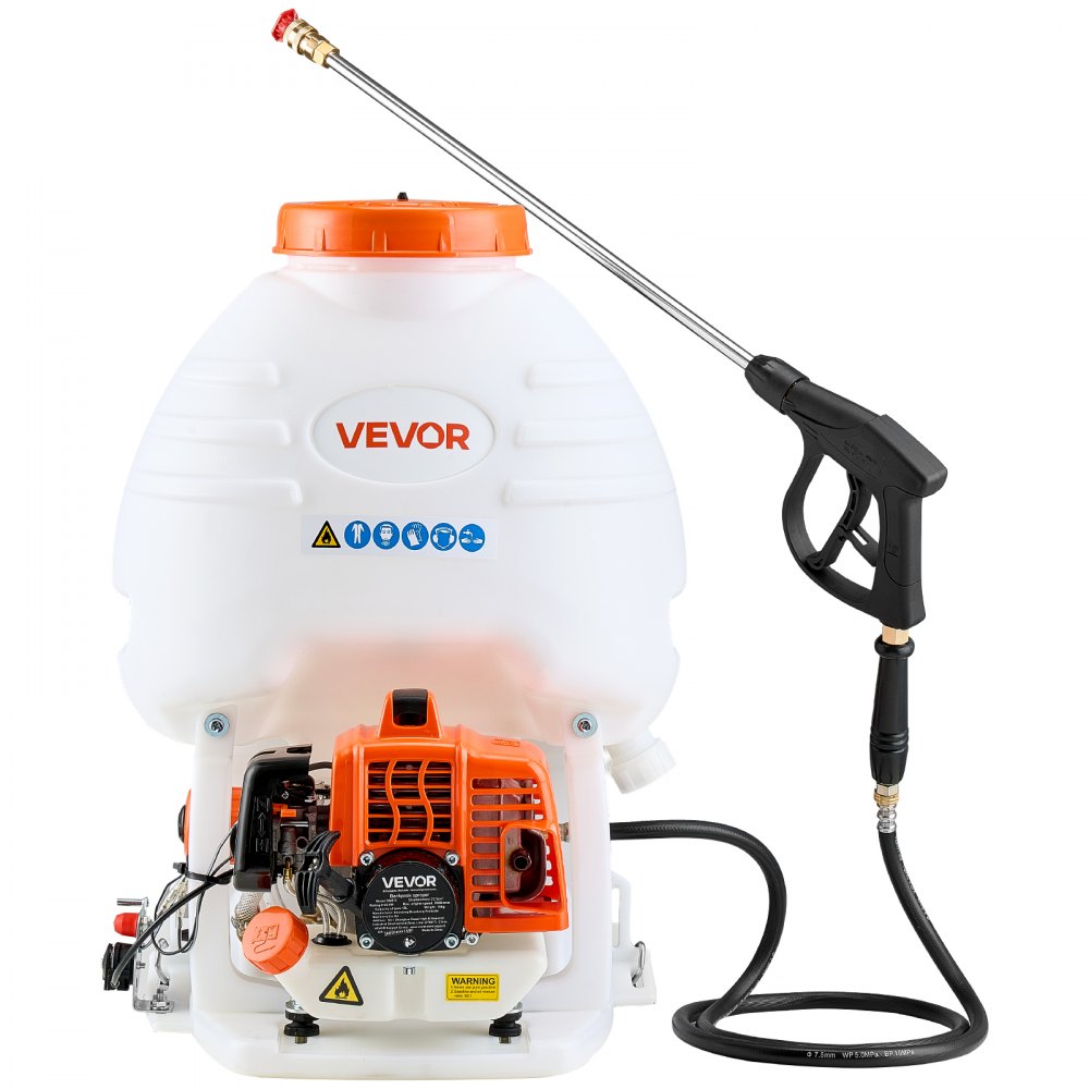 Pulverizador de mochila a gasolina VEVOR, motor de 26,5 cc y 0,9 HP, pulverizador de jardín con tanque de 19 litros, cobertura de áreas extensas, pulverizador de césped con varilla y boquillas de 61 cm para una jardinería y agricultura eficientes.