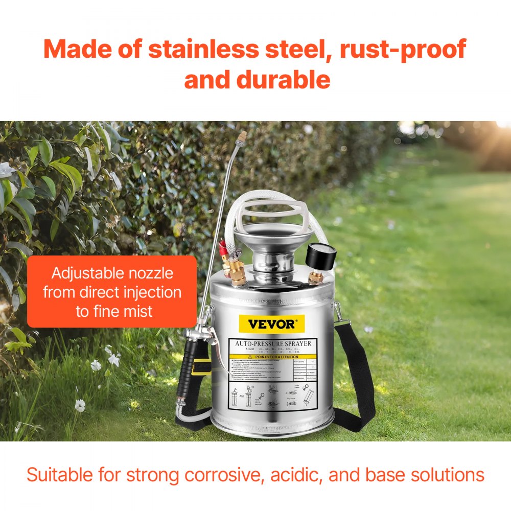 VEVOR Rociador de acero inoxidable de 1 galón, varilla de 12" y manguera reforzada de 3 pies, rociador de bomba manual con manómetro, válvula de seguridad y boquilla ajustable, rociador de maleza para césped, jardinería y desinfección.