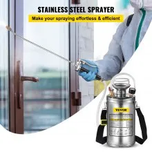 Pulverizador de acero inoxidable VEVOR de 1,5 galones, juego con varita y mango de 16 pulgadas y manguera reforzada de 3,3 pies, pulverizador de bomba manual con manómetro y válvula de seguridad, boquilla ajustable adecuada para jardinería y desinfección