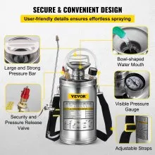 Pulverizador de acero inoxidable VEVOR de 1,5 galones, juego con varita y mango de 16 pulgadas y manguera reforzada de 3,3 pies, pulverizador de bomba manual con manómetro y válvula de seguridad, boquilla ajustable adecuada para jardinería y desinfección