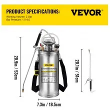 Pulverizador de acero inoxidable VEVOR de 2 galones, juego con varita y mango de 20 pulgadas y manguera reforzada de 3 pies, pulverizador de bomba manual con manómetro y válvula de seguridad, boquilla ajustable adecuada para jardinería y desinfección