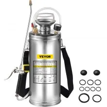 Pulverizador de acero inoxidable VEVOR de 2 galones, juego con varita y mango de 20 pulgadas y manguera reforzada de 3 pies, pulverizador de bomba manual con manómetro y válvula de seguridad, boquilla ajustable adecuada para jardinería y desinfección
