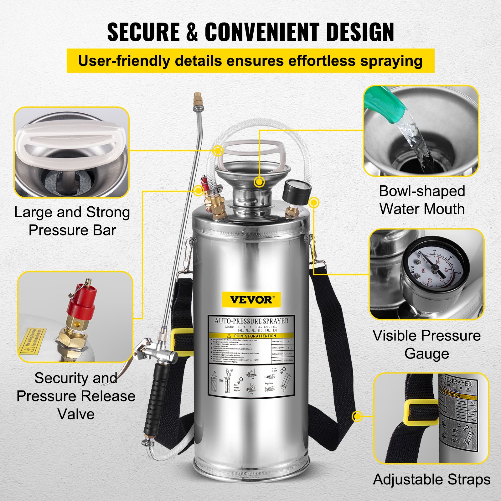 Pulverizador de acero inoxidable VEVOR con manómetro, boca de agua y válvula de liberación.