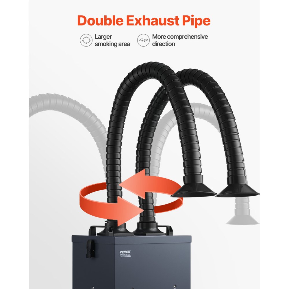 Extractor de humos de soldadura VEVOR con mangueras dobles, absorbedor de humos de soldadura sin escobillas de 275 W con filtros de 4 etapas y 10 velocidades, purificador de humos de succión potente de 380 m³/h para soldadura, grabado láser y soldadura casera.