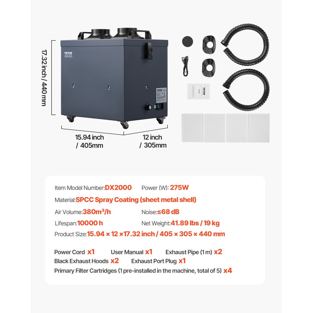 Extractor de humos de soldadura VEVOR con mangueras dobles, absorbedor de humos de soldadura sin escobillas de 275 W con filtros de 4 etapas y 10 velocidades, purificador de humos de succión potente de 380 m³/h para soldadura, grabado láser y soldadura casera.
