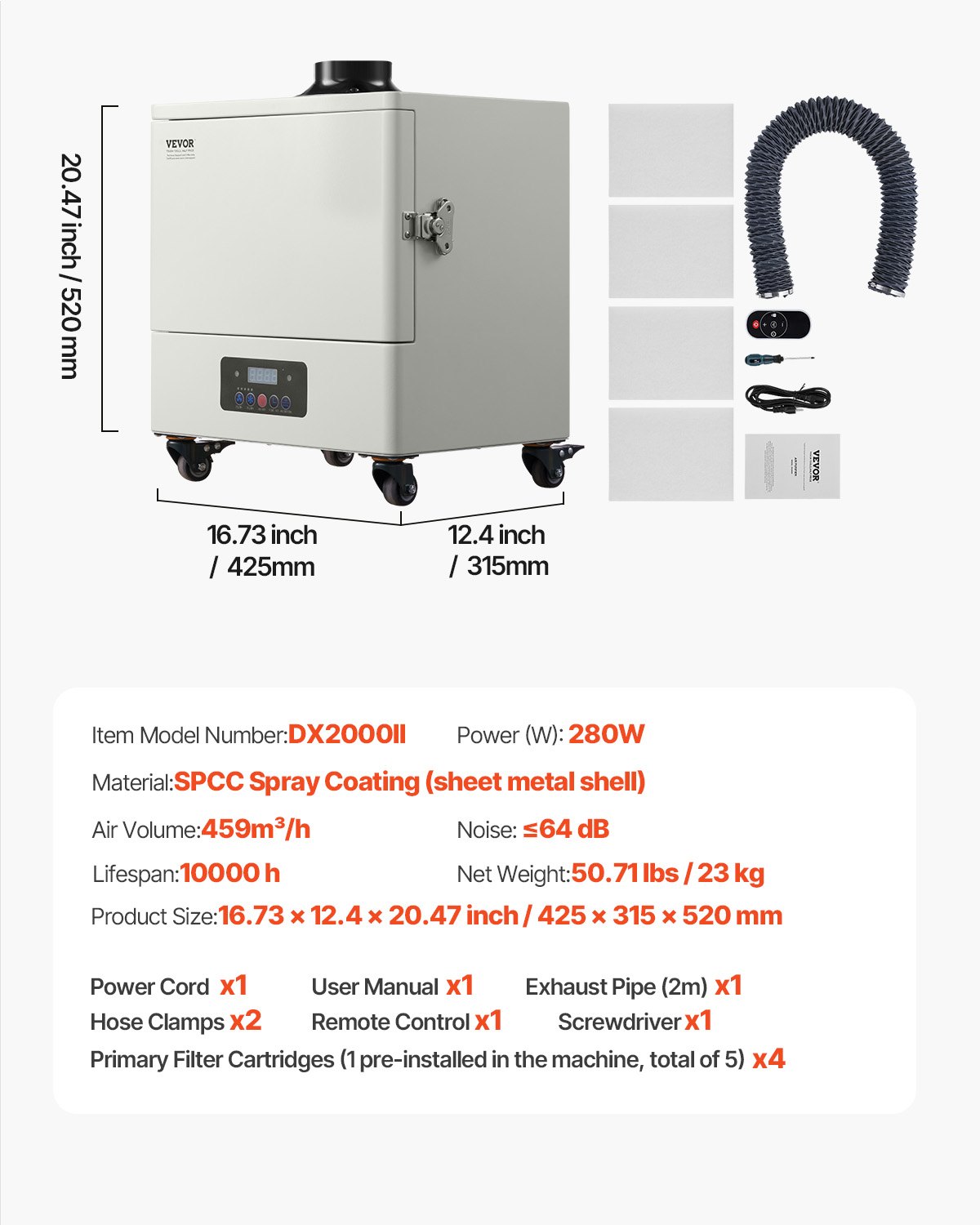 Extractor de humos de soldadura VEVOR, 459 m³/h, potente absorbedor de humos de soldadura con motor sin escobillas de 280 W, filtros de 4 etapas, 10 velocidades y control remoto. Purificador de humos para soldadura, grabado y bricolaje.