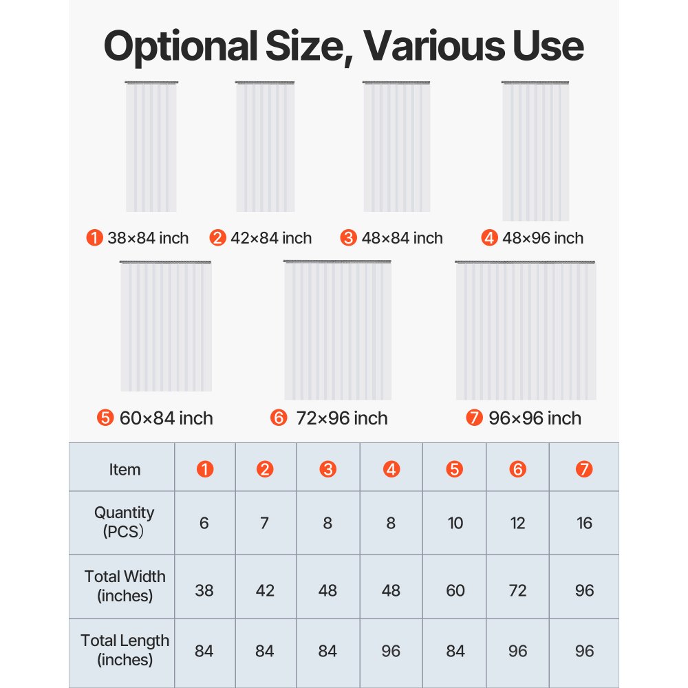 VEVOR Strip Curtain 16PCS, 96" Height, 96" Width, 0.08" Thickness, Clear Smooth Plastic Door Strips with 50% Overlap, PVC Strip Door Curtain Freezer Curtain for Warehouses, Walk in Freezers, Coolers