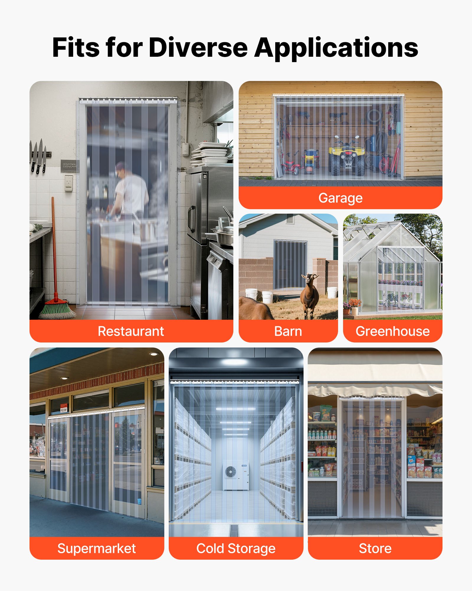 Cortina de tiras de PVC transparente VEVOR, 84 pulgadas de alto x 36 pulgadas de ancho x 0.08 pulgadas de espesor, 6 unidades. Tiras de cortina para congeladores y refrigeradores industriales. Tiras de plástico aislante térmico para puertas de almacenes, congeladores y garajes.