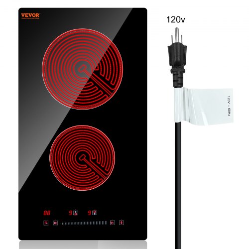 VEVOR Estufa eléctrica integrada, 20 x 11,6 pulgadas, 2 quemadores, estufa radiante de vidrio de 110 V con control táctil de sensor, temporizador y bloqueo para niños incluidos, 9 niveles de potencia para cocinar a fuego lento y freír