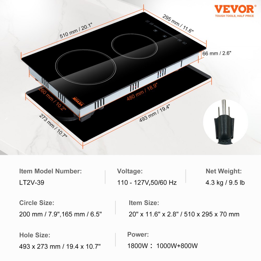 VEVOR Estufa eléctrica integrada, 20 x 11,6 pulgadas, 2 quemadores, estufa radiante de vidrio de 110 V con control táctil de sensor, temporizador y bloqueo para niños incluidos, 9 niveles de potencia para cocinar a fuego lento y freír