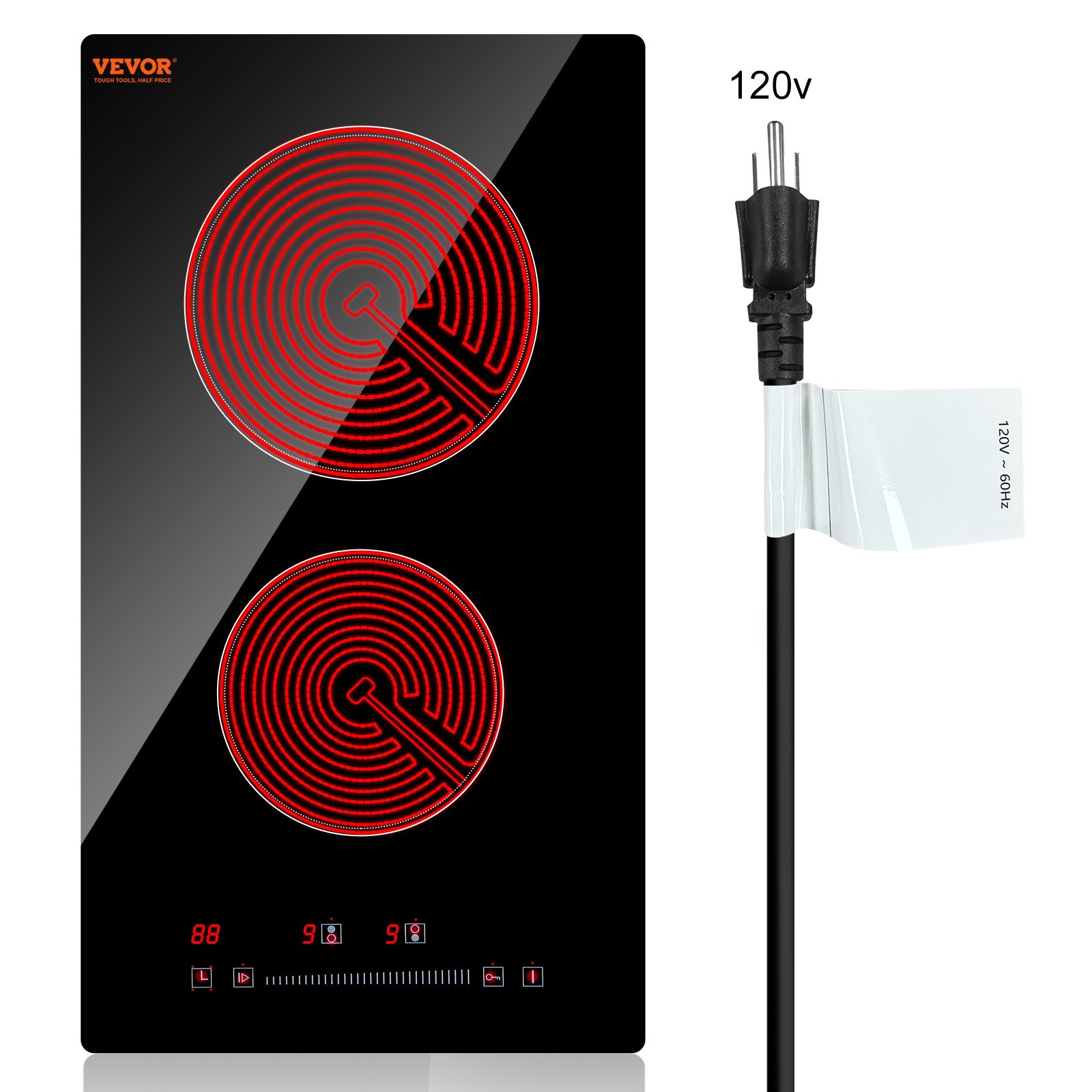 VEVOR Estufa eléctrica integrada, 20 x 11,6 pulgadas, 2 quemadores, estufa radiante de vidrio de 110 V con control táctil de sensor, temporizador y bloqueo para niños incluidos, 9 niveles de potencia para cocinar a fuego lento y freír