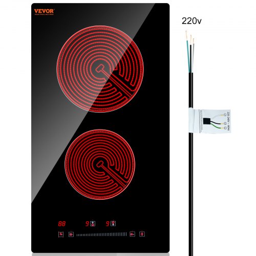 VEVOR Estufa eléctrica integrada, 20 x 11,6 pulgadas, 2 quemadores, estufa radiante de vidrio de 240 V con control táctil de sensor, temporizador y bloqueo para niños incluidos, 9 niveles de potencia para cocinar a fuego lento y freír