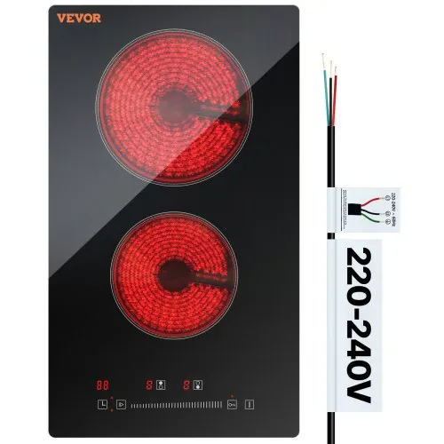 VEVOR Estufa eléctrica integrada, 20 x 11,6 pulgadas, 2 quemadores, estufa radiante de vidrio de 240 V con control táctil de sensor, temporizador y bloqueo para niños incluidos, 9 niveles de potencia para cocinar a fuego lento y freír