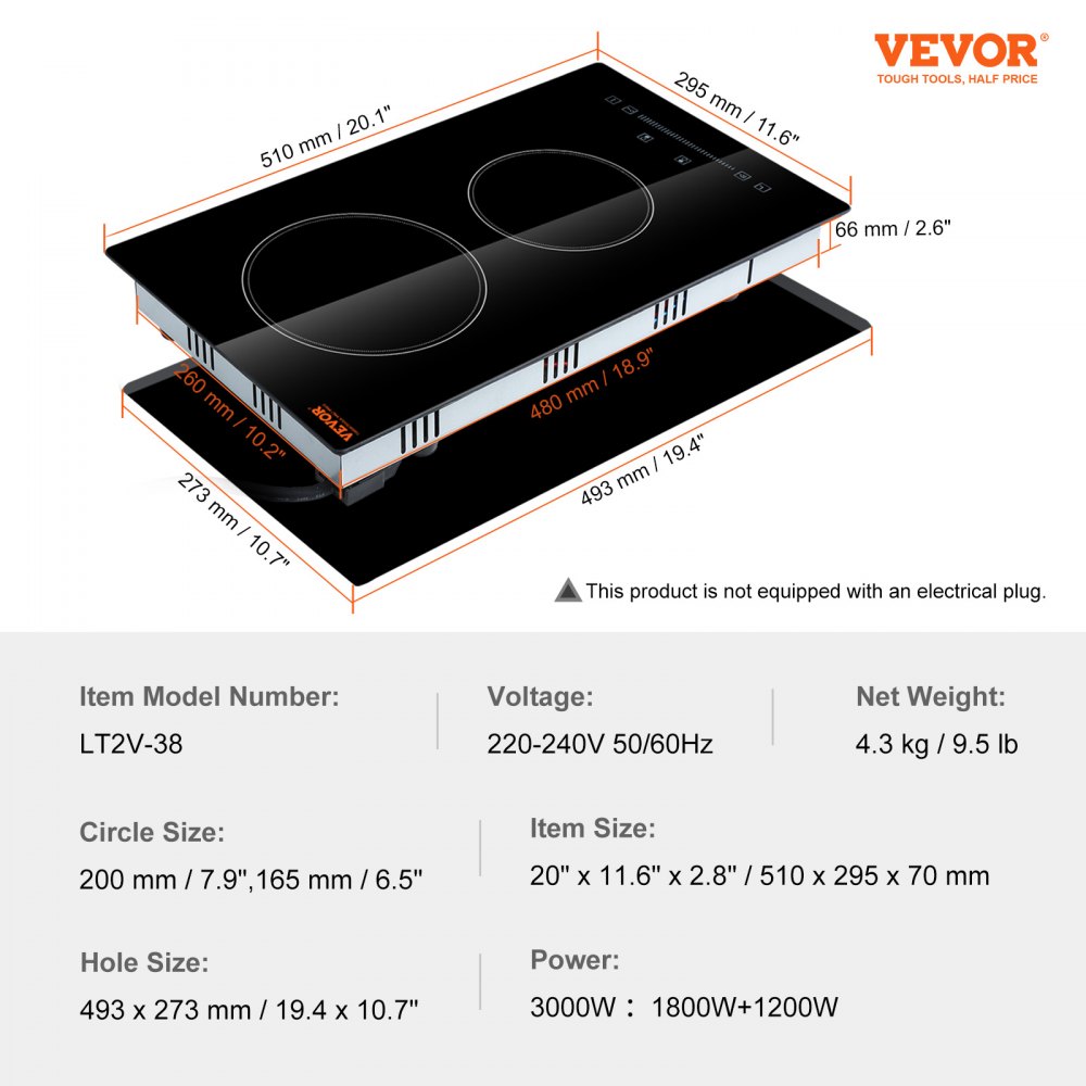 VEVOR Estufa eléctrica integrada, 20 x 11,6 pulgadas, 2 quemadores, estufa radiante de vidrio de 240 V con control táctil de sensor, temporizador y bloqueo para niños incluidos, 9 niveles de potencia para cocinar a fuego lento y freír