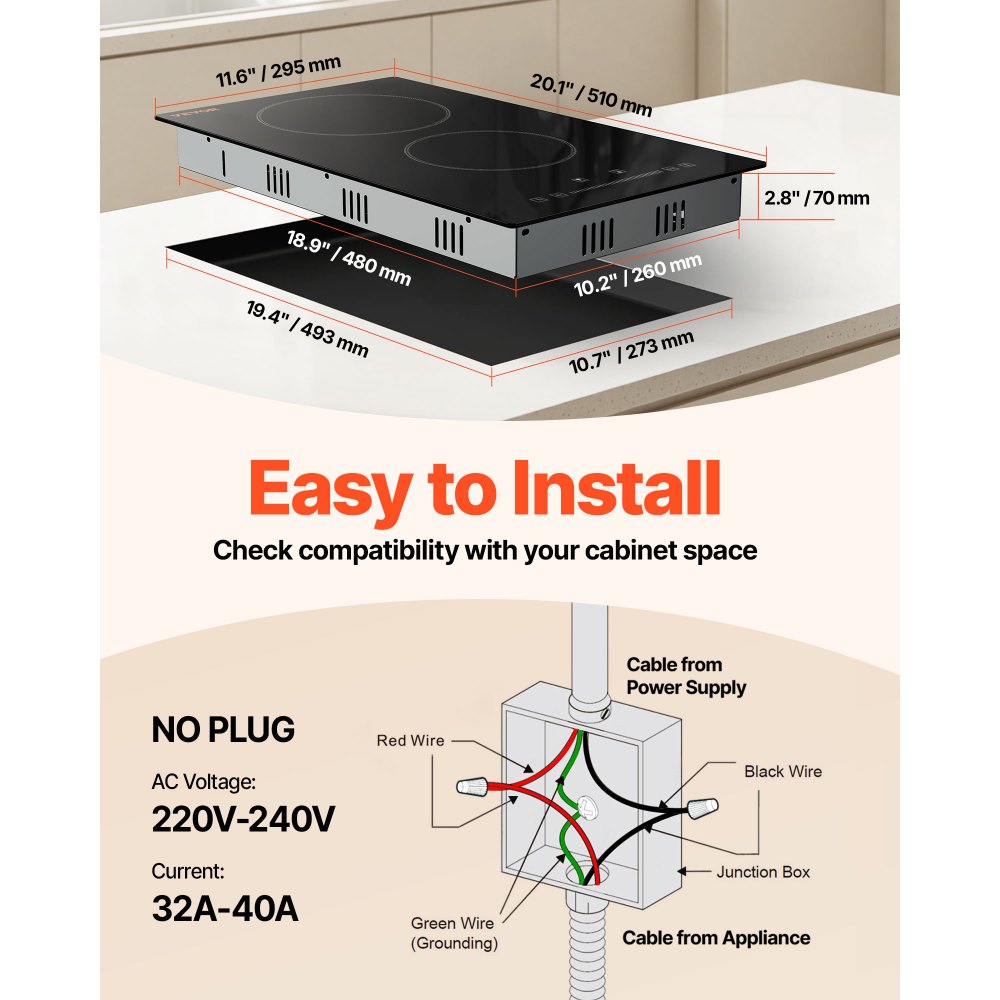 VEVOR Estufa eléctrica integrada, 20 x 11,6 pulgadas, 2 quemadores, estufa radiante de vidrio de 240 V con control táctil de sensor, temporizador y bloqueo para niños incluidos, 9 niveles de potencia para cocinar a fuego lento y freír