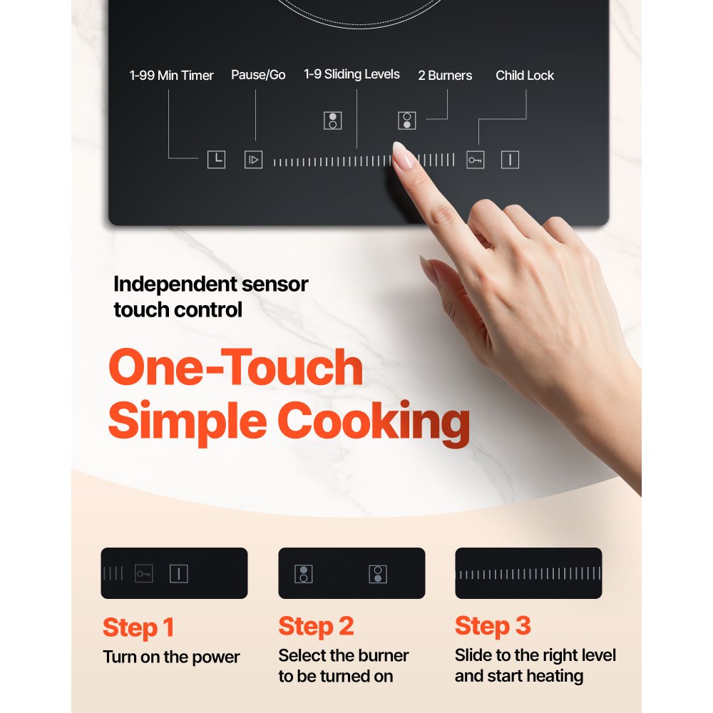 VEVOR Estufa eléctrica integrada, 20 x 11,6 pulgadas, 2 quemadores, estufa radiante de vidrio de 240 V con control táctil de sensor, temporizador y bloqueo para niños incluidos, 9 niveles de potencia para cocinar a fuego lento y freír