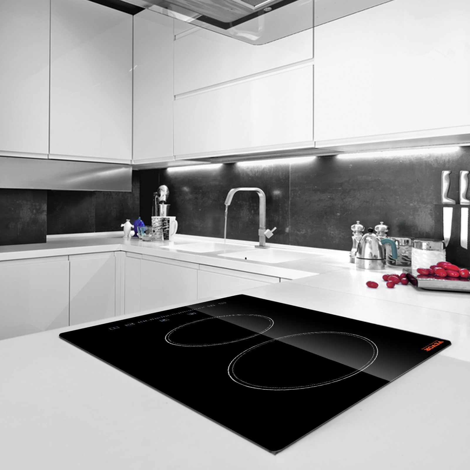 VEVOR Estufa eléctrica integrada, 20 x 11,6 pulgadas, 2 quemadores, estufa radiante de vidrio de 240 V con control táctil de sensor, temporizador y bloqueo para niños incluidos, 9 niveles de potencia para cocinar a fuego lento y freír