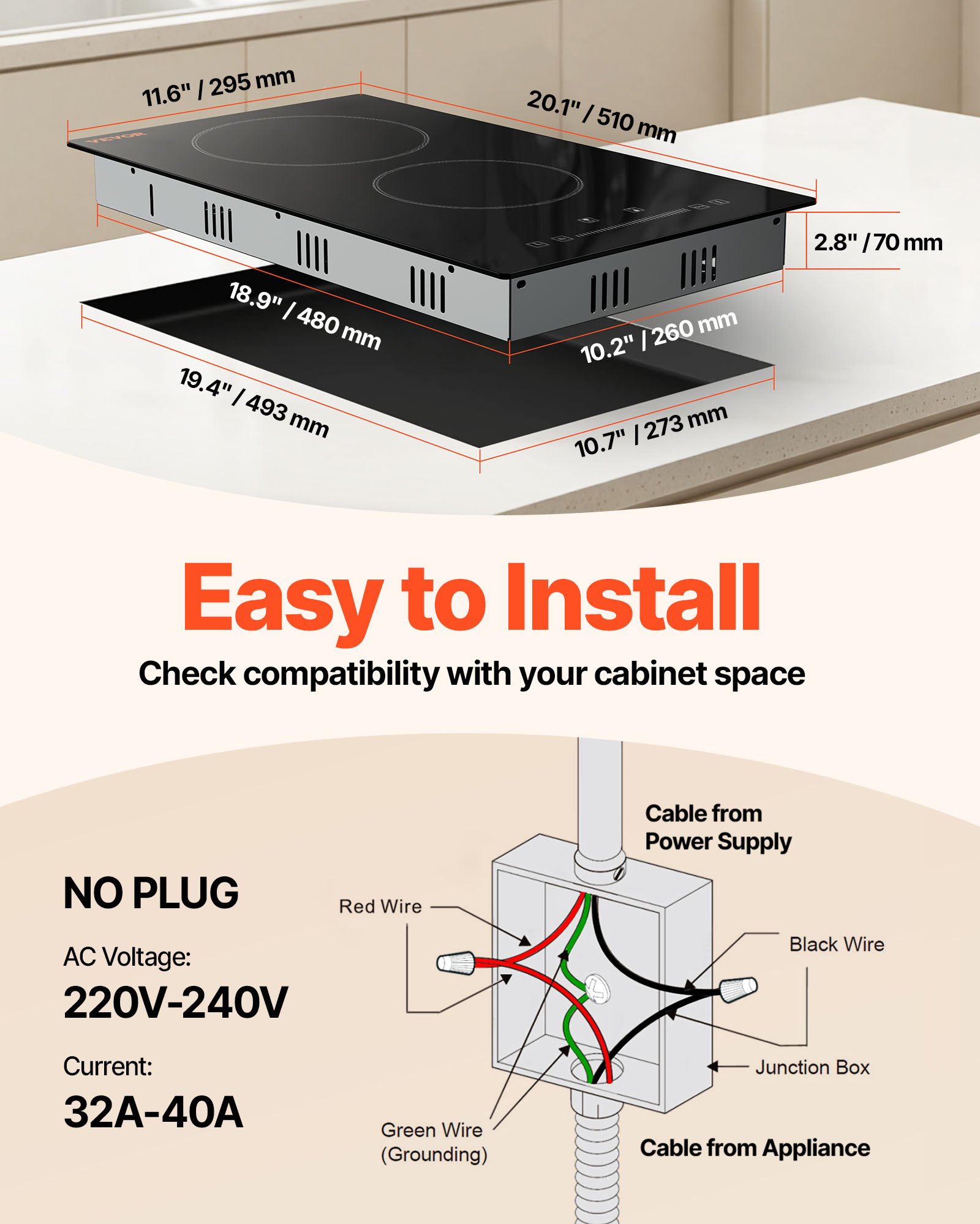 VEVOR Estufa eléctrica integrada, 20 x 11,6 pulgadas, 2 quemadores, estufa radiante de vidrio de 240 V con control táctil de sensor, temporizador y bloqueo para niños incluidos, 9 niveles de potencia para cocinar a fuego lento y freír