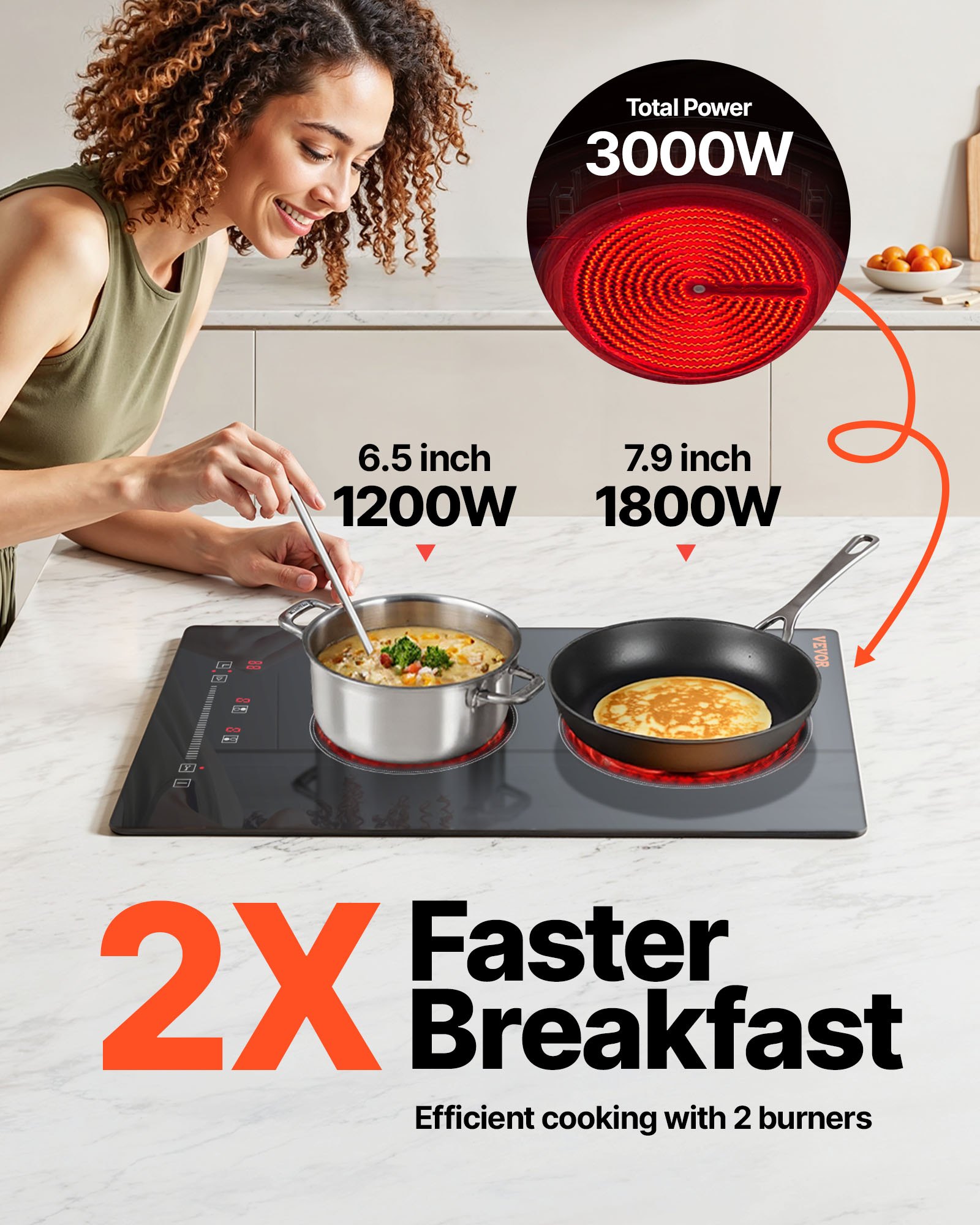 VEVOR Estufa eléctrica integrada, 20 x 11,6 pulgadas, 2 quemadores, estufa radiante de vidrio de 240 V con control táctil de sensor, temporizador y bloqueo para niños incluidos, 9 niveles de potencia para cocinar a fuego lento y freír