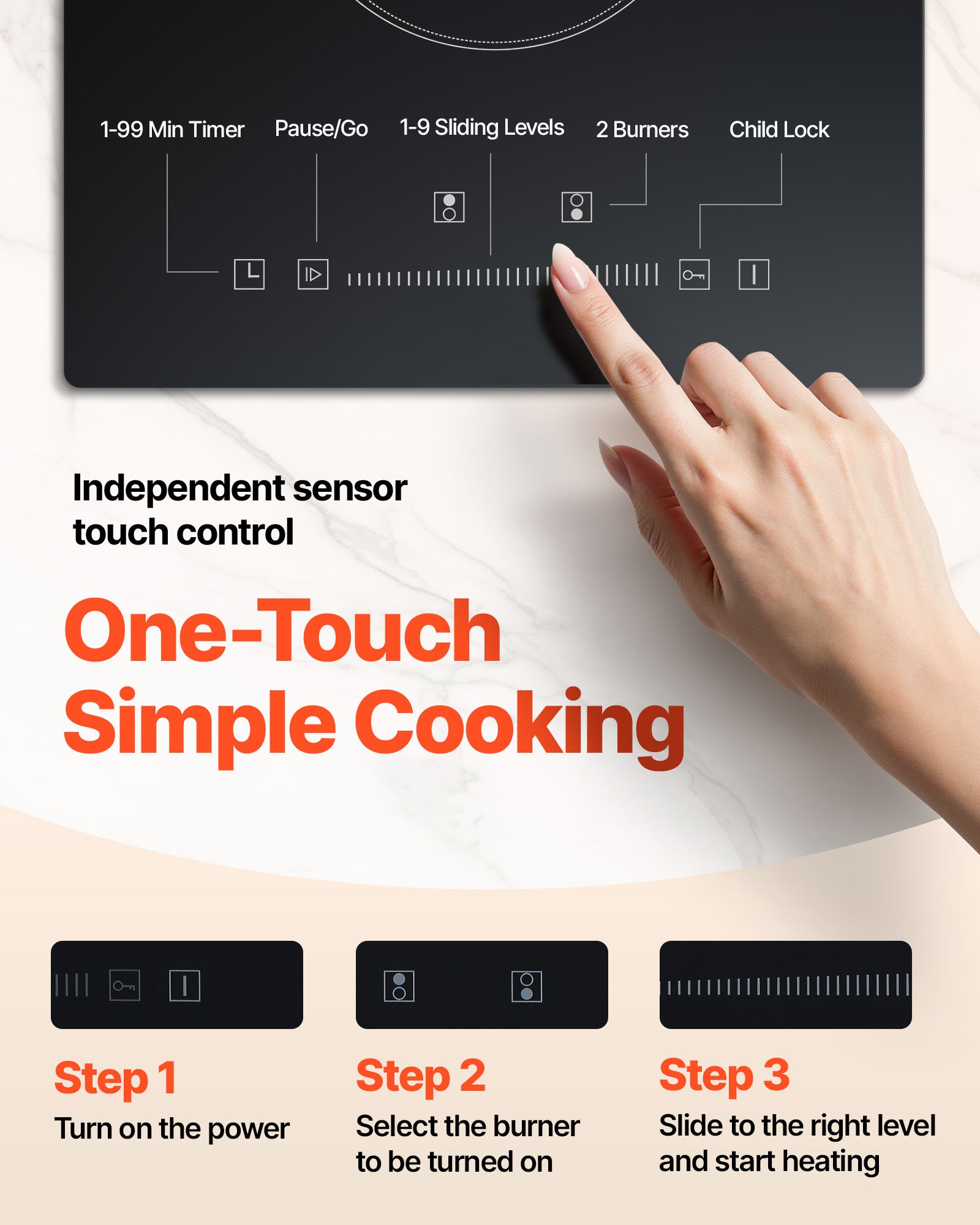VEVOR Estufa eléctrica integrada, 20 x 11,6 pulgadas, 2 quemadores, estufa radiante de vidrio de 240 V con control táctil de sensor, temporizador y bloqueo para niños incluidos, 9 niveles de potencia para cocinar a fuego lento y freír