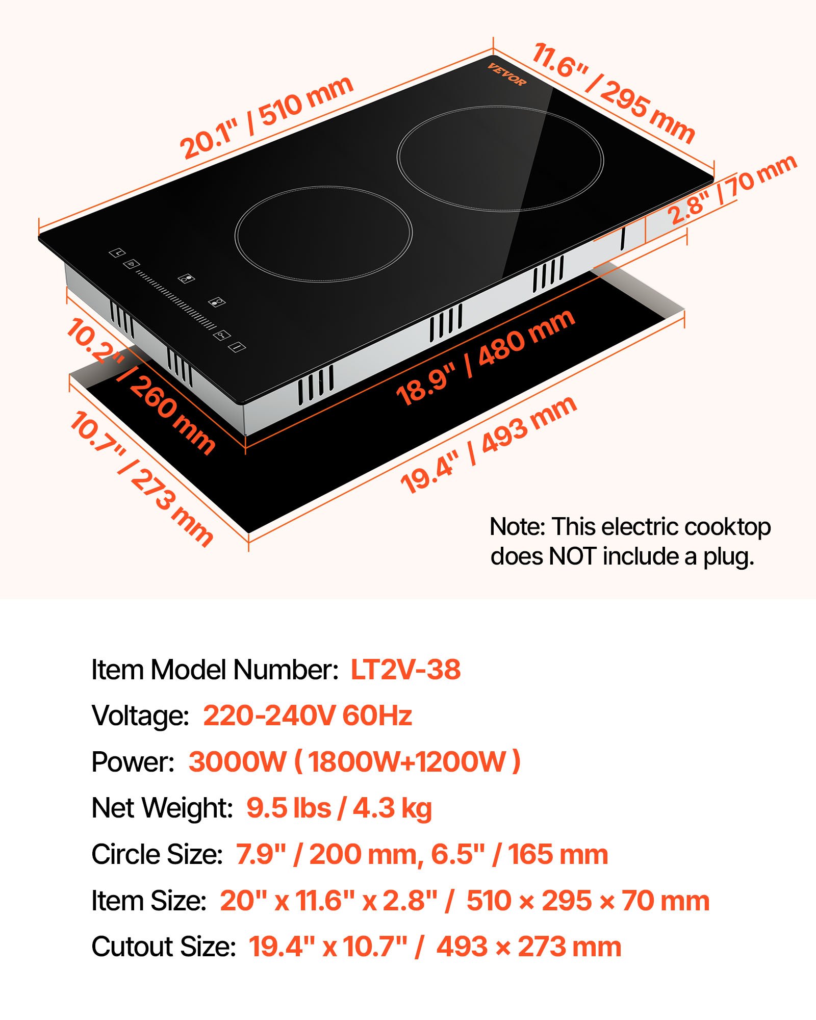 VEVOR Estufa eléctrica integrada, 20 x 11,6 pulgadas, 2 quemadores, estufa radiante de vidrio de 240 V con control táctil de sensor, temporizador y bloqueo para niños incluidos, 9 niveles de potencia para cocinar a fuego lento y freír