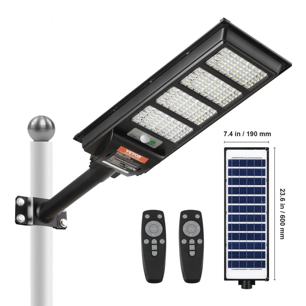 VEVOR Luz de calle solar de 400 W, 800 lm, luces de inundación solares LED para exteriores con control remoto por infrarrojos, lámpara de sensor de movimiento solar de seguridad impermeable IP66 para jardín, patio, hogar, camino, garaje, estacionamiento