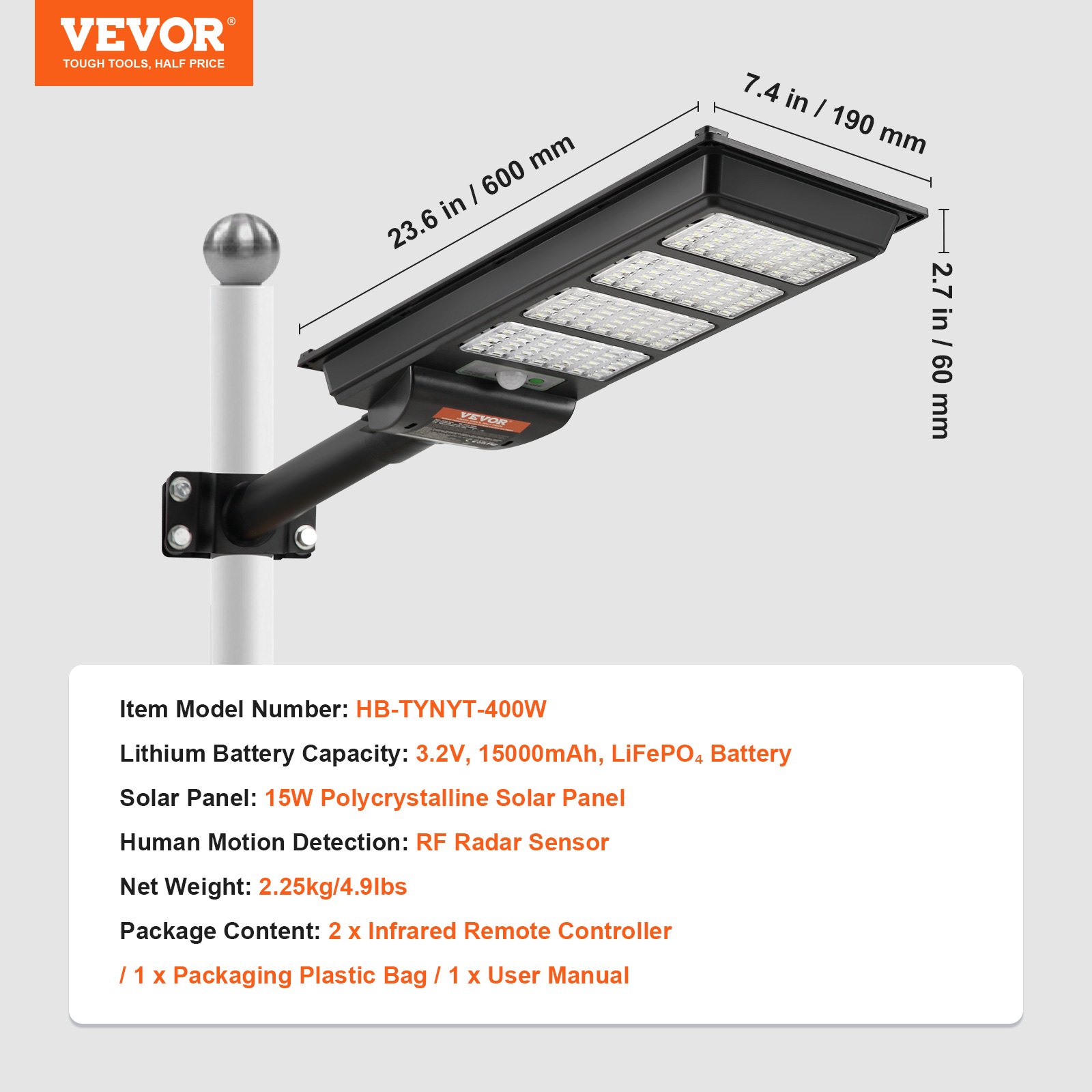 VEVOR Luz de calle solar de 400 W, 800 lm, luces de inundación solares LED para exteriores con control remoto por infrarrojos, lámpara de sensor de movimiento solar de seguridad impermeable IP66 para jardín, patio, hogar, camino, garaje, estacionamiento