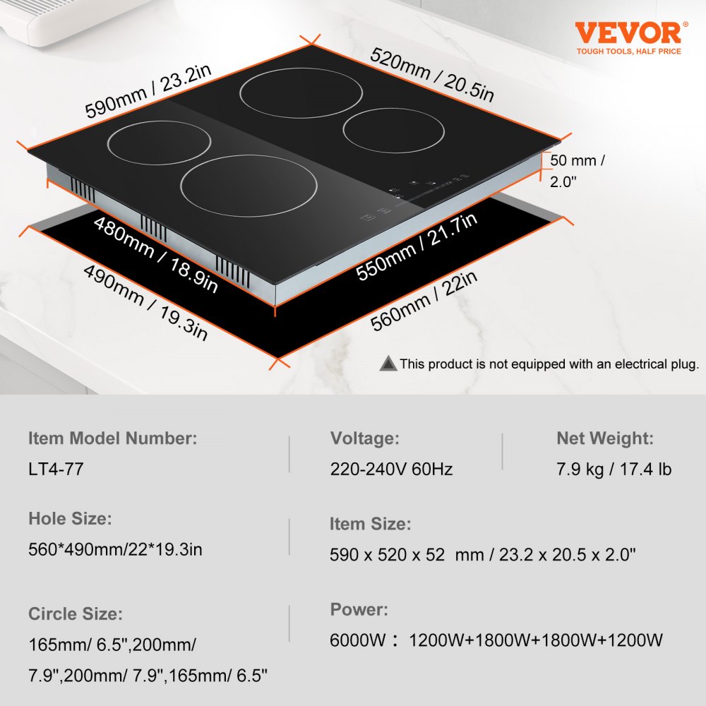 VEVOR Estufa eléctrica integrada, 23.2 x 20.5 pulgadas, 4 quemadores, estufa radiante de vidrio de 240 V con control táctil de sensor, temporizador y bloqueo para niños incluidos, 9 niveles de potencia para cocinar a fuego lento y freír