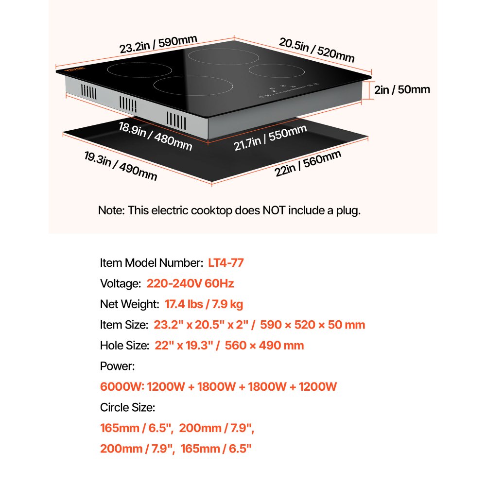 VEVOR Estufa eléctrica integrada, 23.2 x 20.5 pulgadas, 4 quemadores, estufa radiante de vidrio de 240 V con control táctil de sensor, temporizador y bloqueo para niños incluidos, 9 niveles de potencia para cocinar a fuego lento y freír
