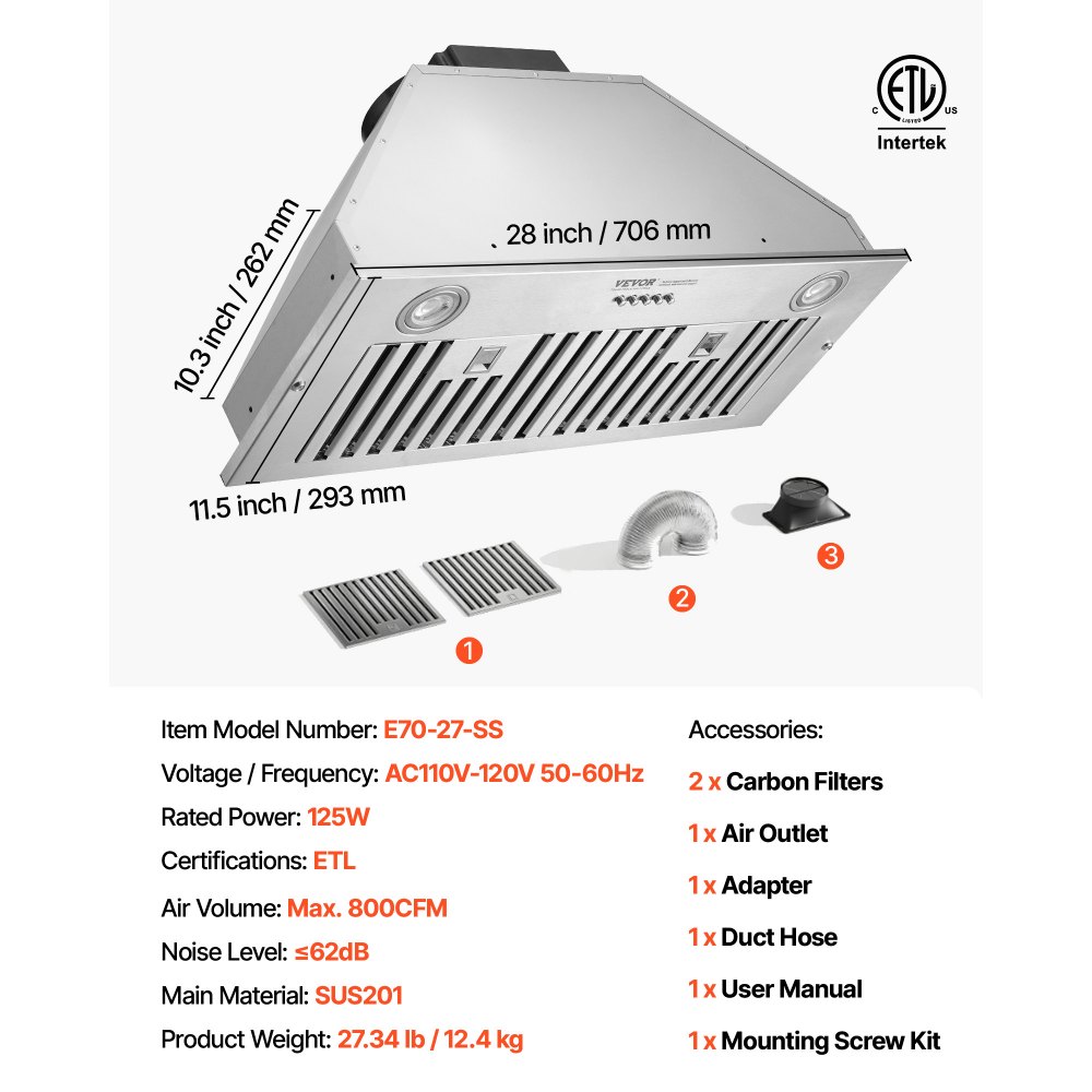 VEVOR Campana extractora de inserción, 800 CFM de 3 velocidades, ventilación de cocina integrada de acero inoxidable de 30 pulgadas con control de botón, luces LED, filtros deflectores, convertible con conducto/sin conducto, certificación ETL