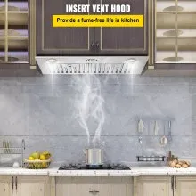 VEVOR Insert Range Hood, 800CFM 3 velocidades, ventilación de cocina integrada de acero inoxidable de 30 pulgadas con control de botón pulsador, luces LED, filtros deflectores, convertible con/sin conducto, listado ETL