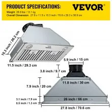 VEVOR Insert Range Hood, 800CFM 3 velocidades, ventilación de cocina integrada de acero inoxidable de 30 pulgadas con control de botón pulsador, luces LED, filtros deflectores, convertible con/sin conducto, listado ETL