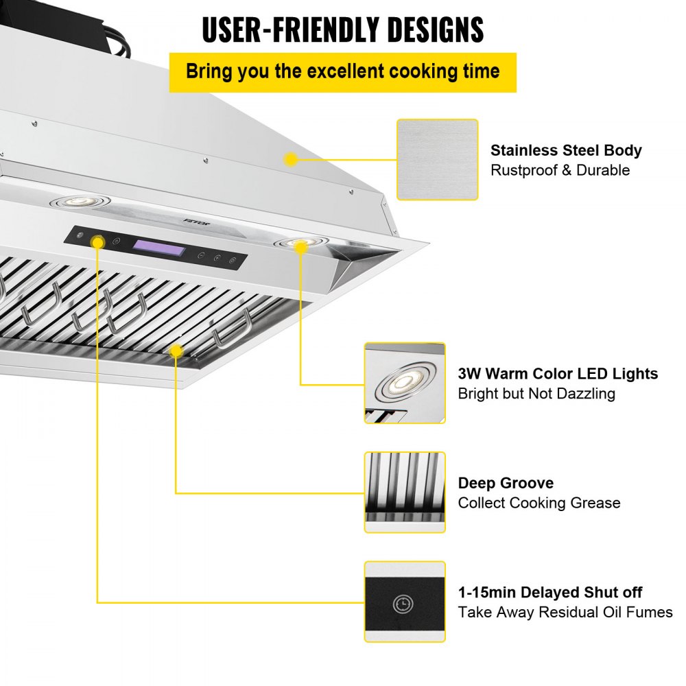 La campana extractora insertable VEVOR cuenta con cuerpo de acero inoxidable, luces LED, ranura profunda y apagado retardado.