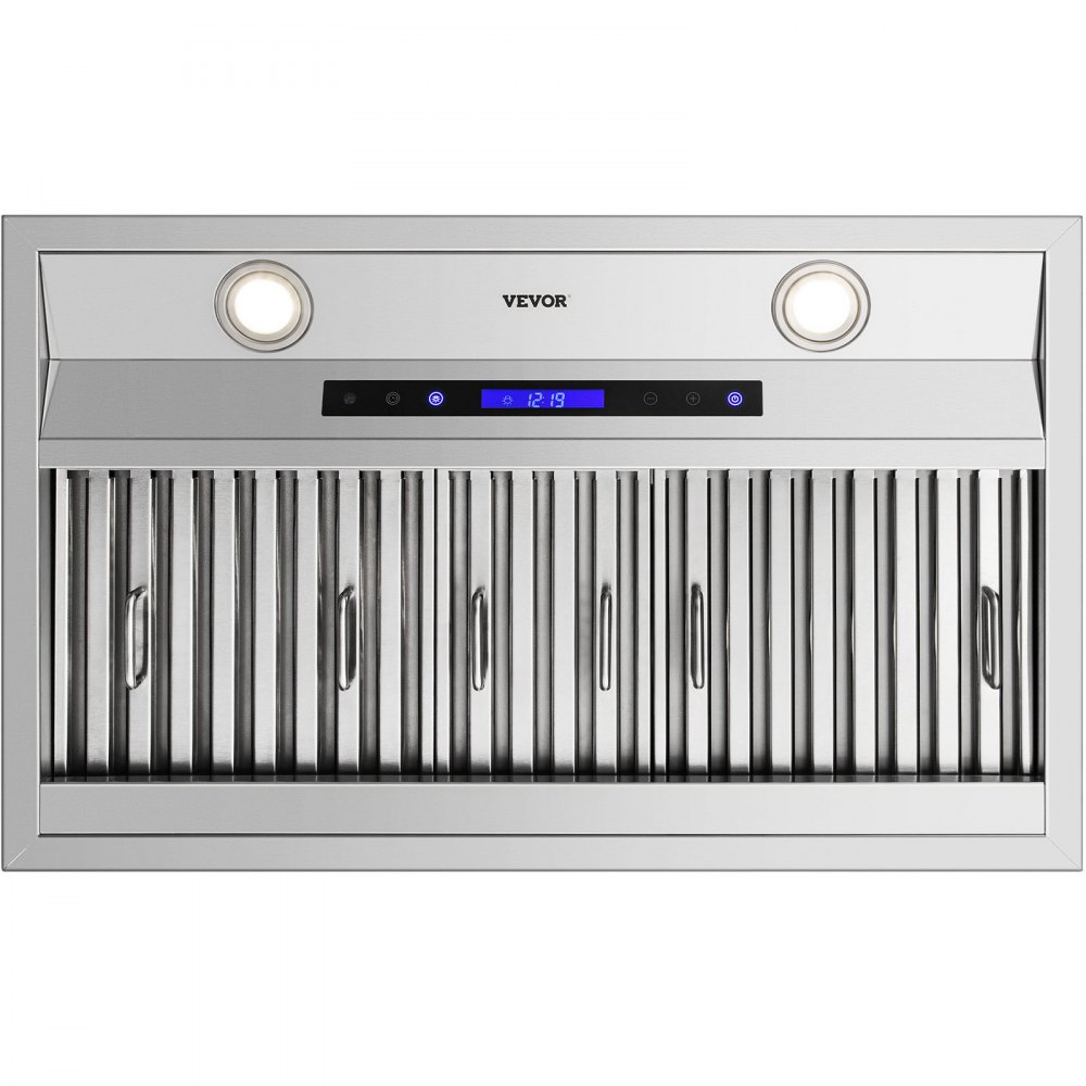 Campana extractora empotrada VEVOR, 900 CFM, 4 velocidades, 30 pulgadas, acero inoxidable, con ventilación integrada, control táctil y remoto, luces LED, filtros deflectores, convertible con/sin conductos, homologada por ETL